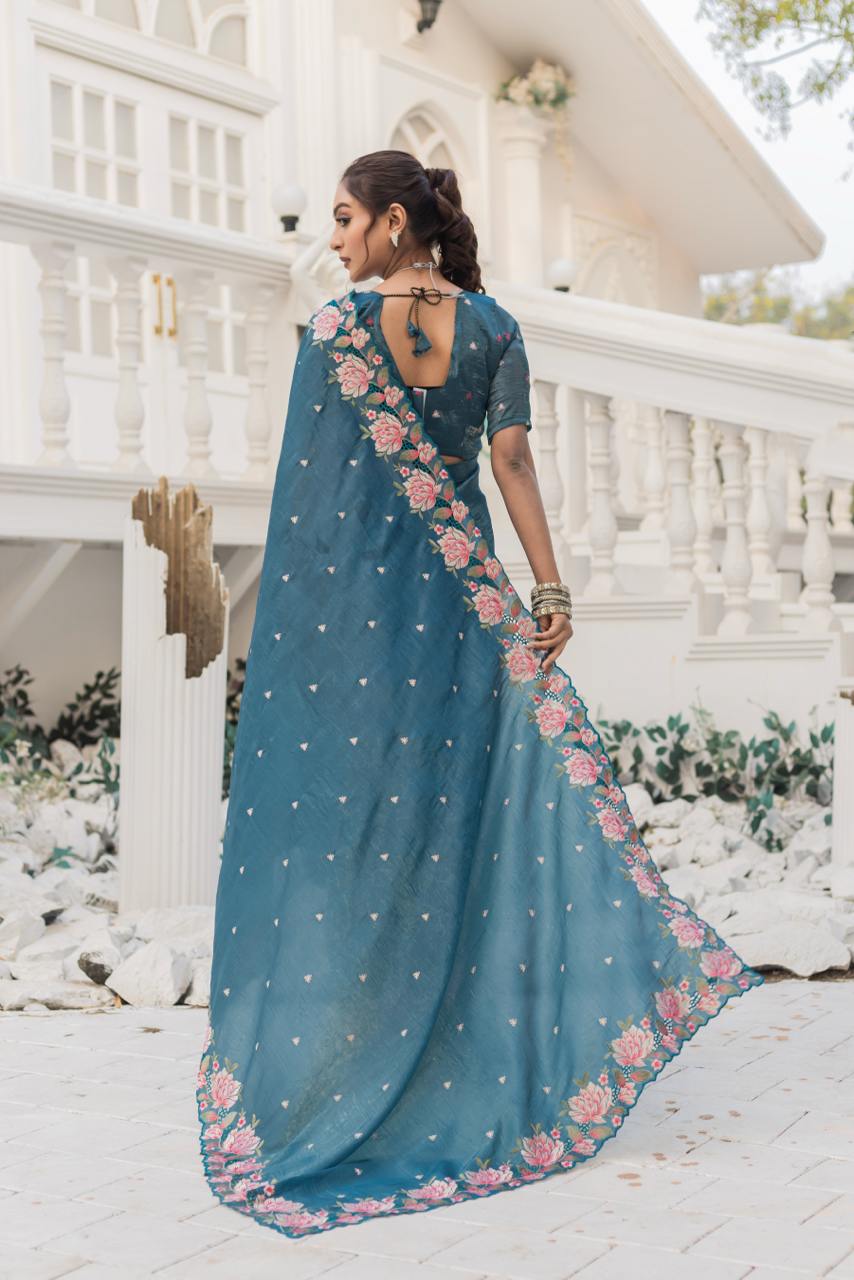 Women's Pristine White Organza Saree with Exquisite Pink & Green Floral Thread Embroidery – Complete with Matching Embroidered Blouse for Festive & Summer Wear - Image 19